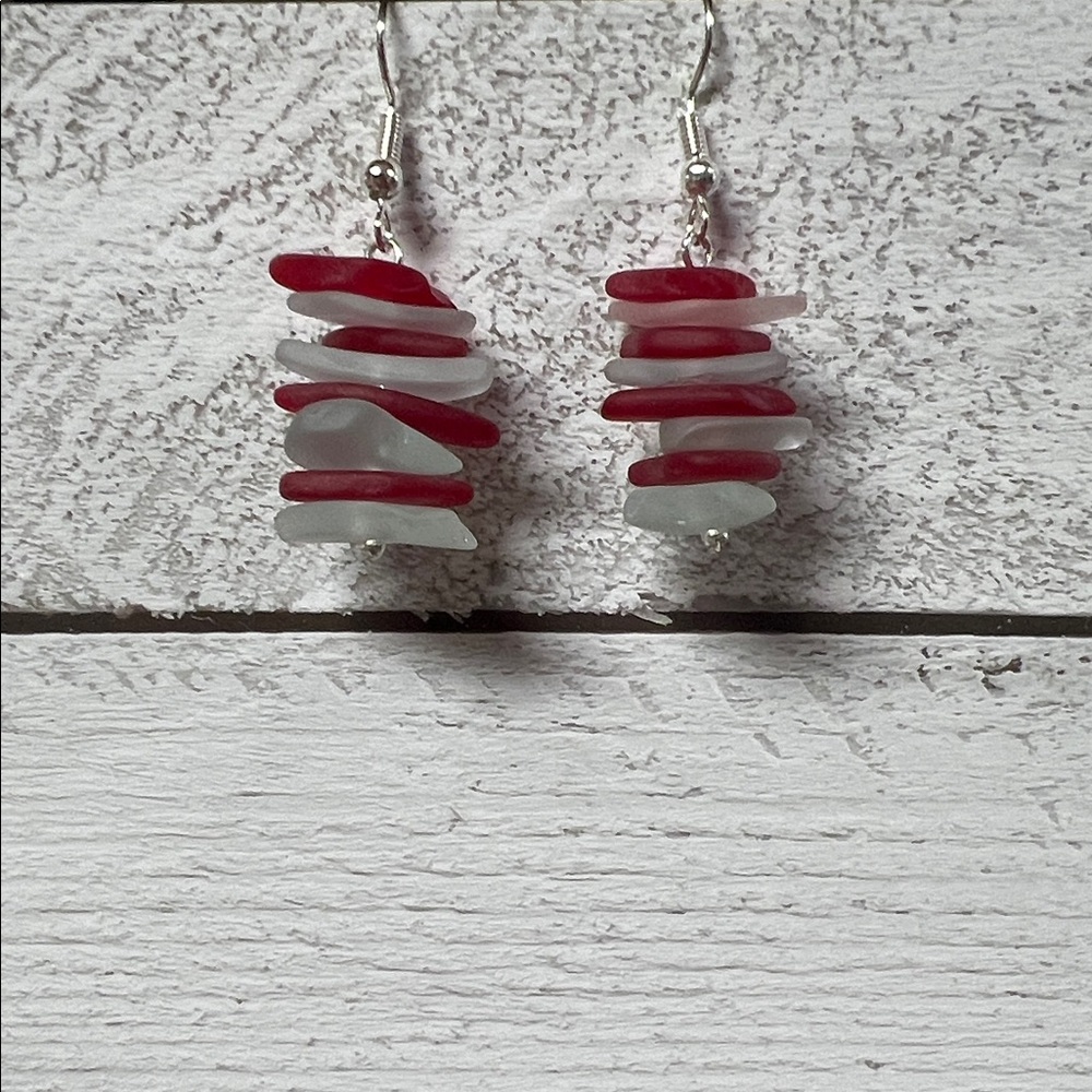 Sea glass, handmade, Red and White Layered Earrings